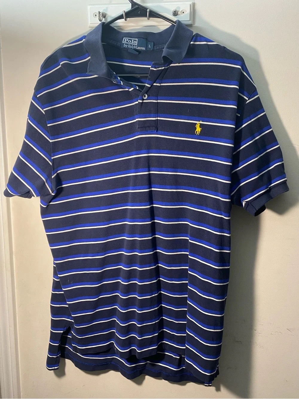 Ralph Lauren Navy Blue Striped Polo with Yellow Logo